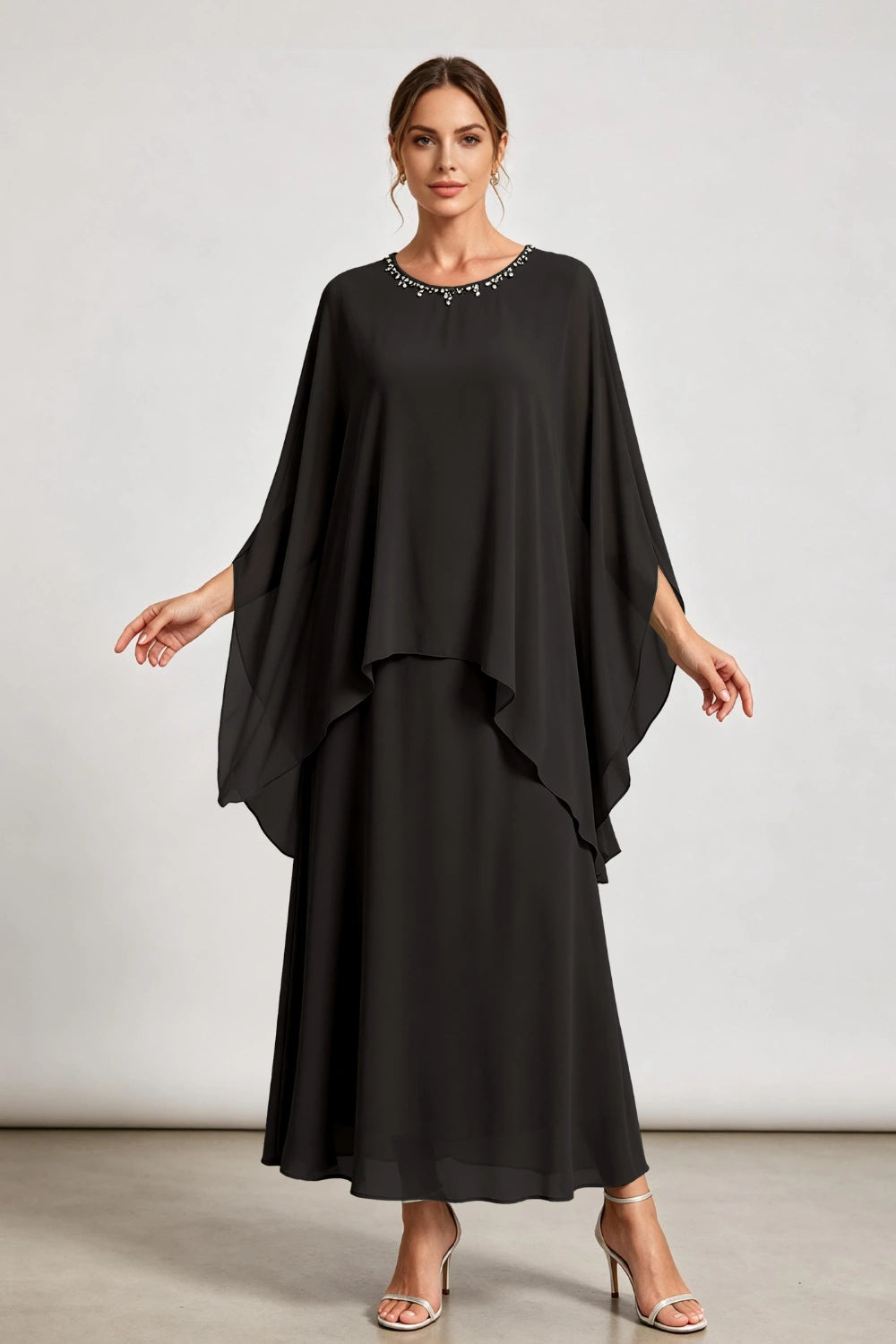 Dusty Sage Beaded Neck Draped Overlay Chiffon Mother of the Bride Dress