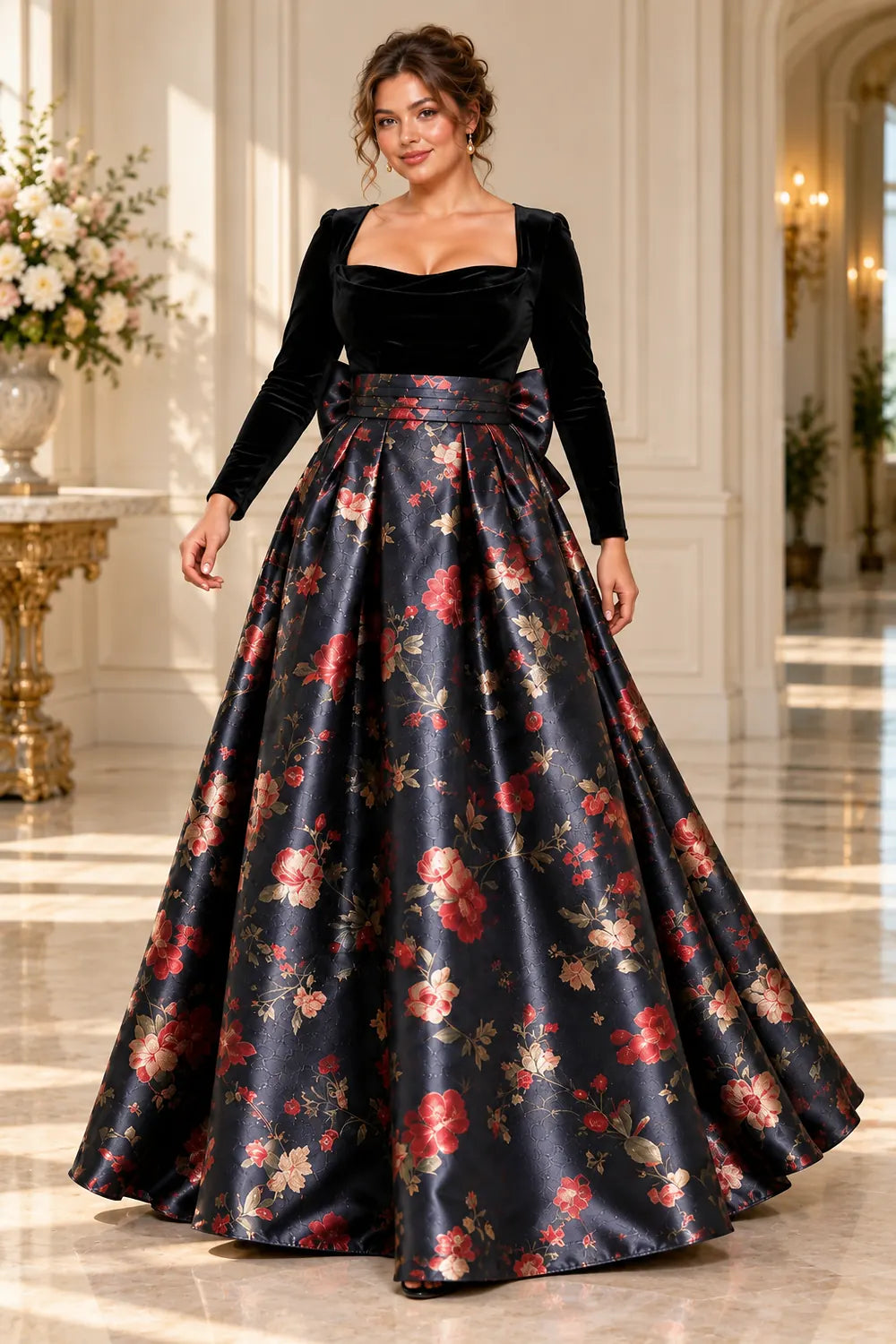 Black Square Neck Floral Bow Mother of the Bride Gown