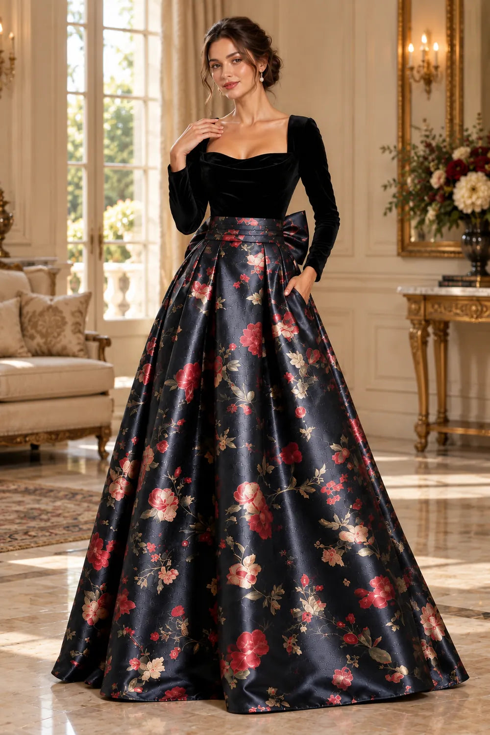 Black Square Neck Floral Bow Mother of the Bride Gown