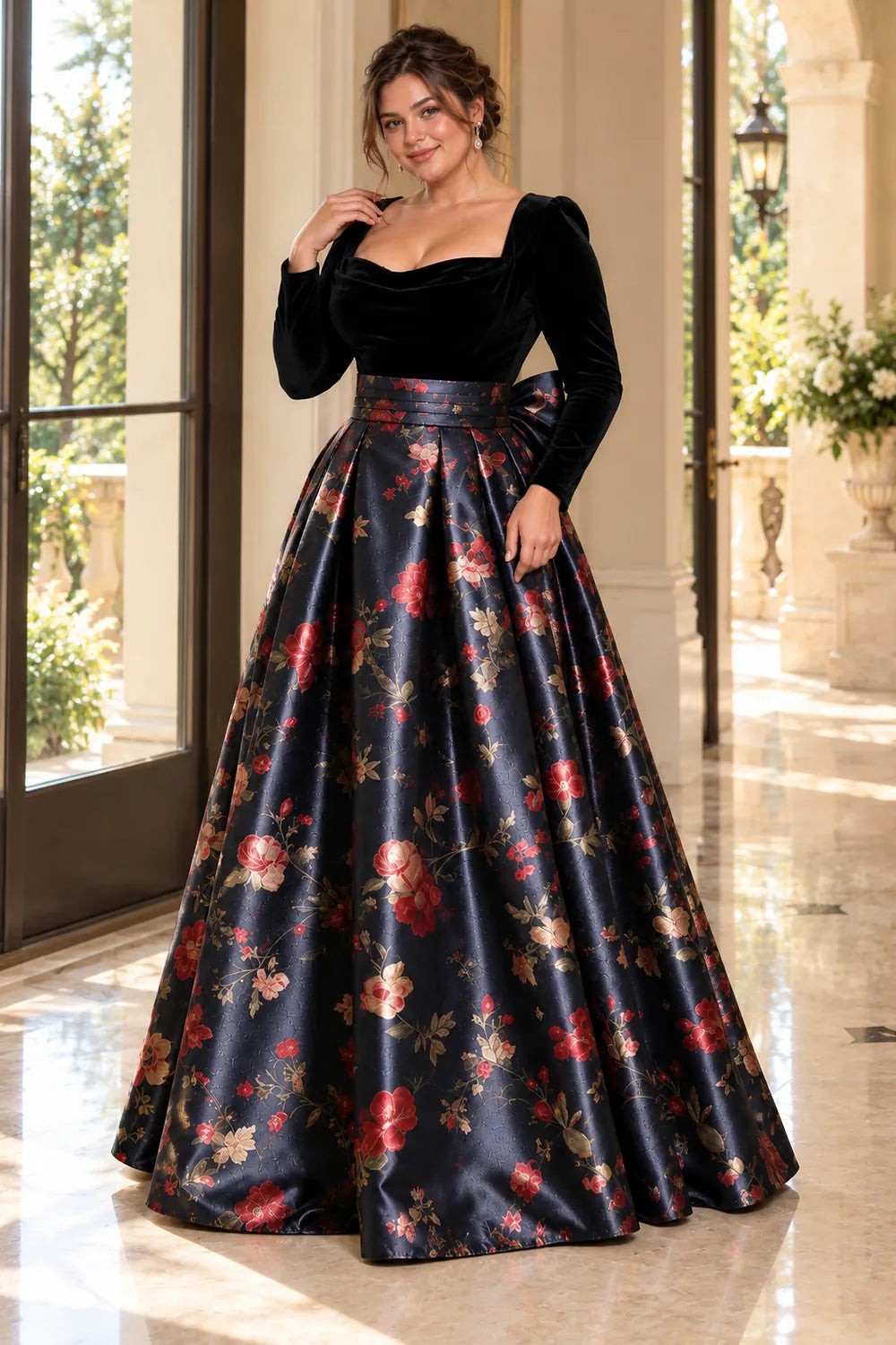 Black Square Neck Floral Bow Mother of the Bride Gown