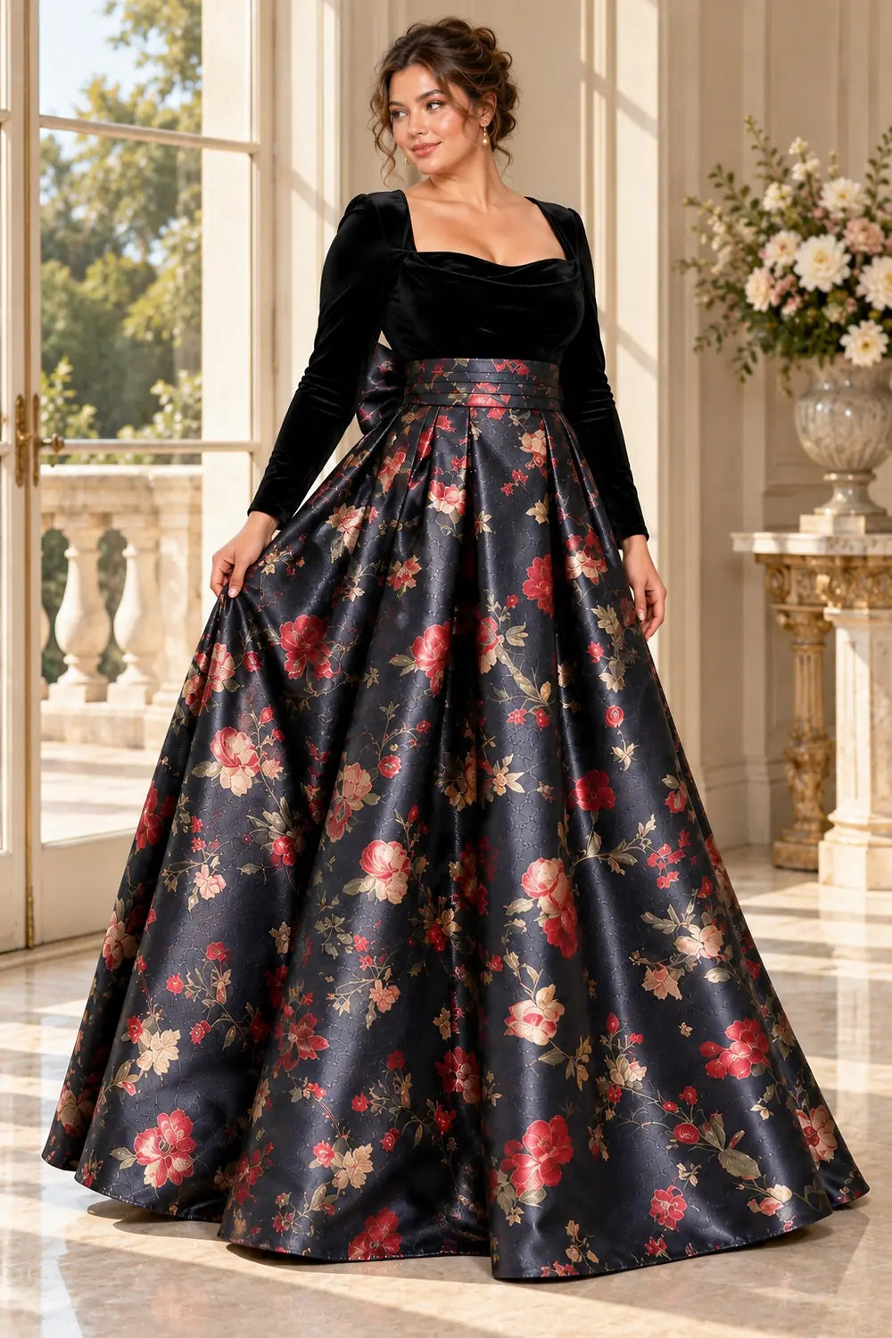 Black Square Neck Floral Bow Mother of the Bride Gown