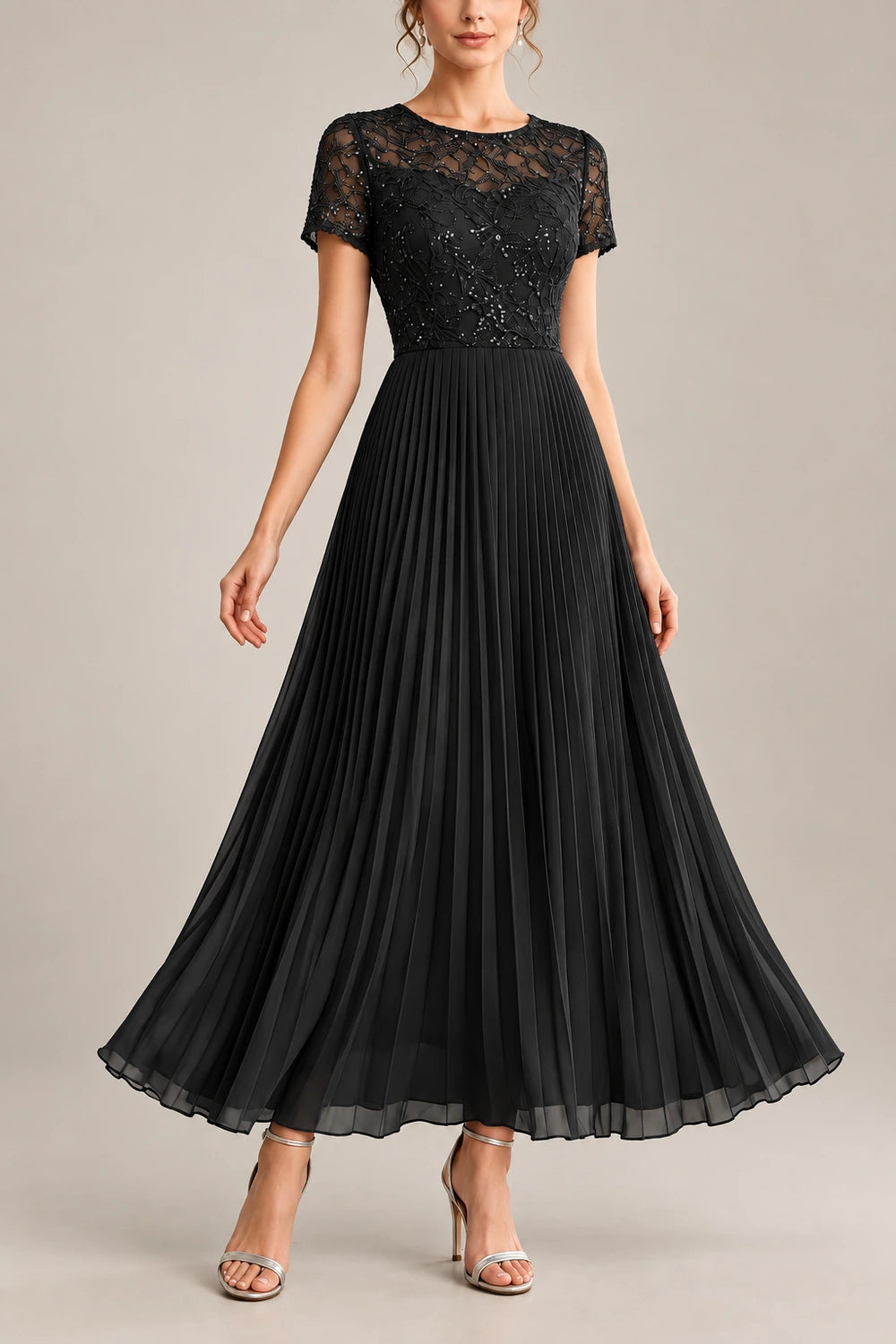 Lace Short Sleeve Pleated Chiffon Tea-Length Dress
