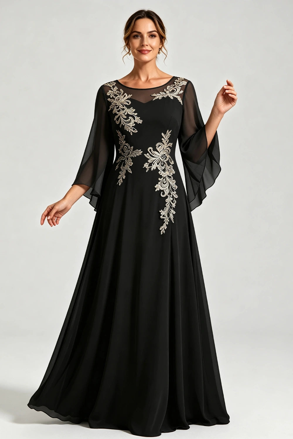 Dusty Blue Lace Applique Sheer Yoke Long Sleeve Chiffon Mother of the Bride Dress