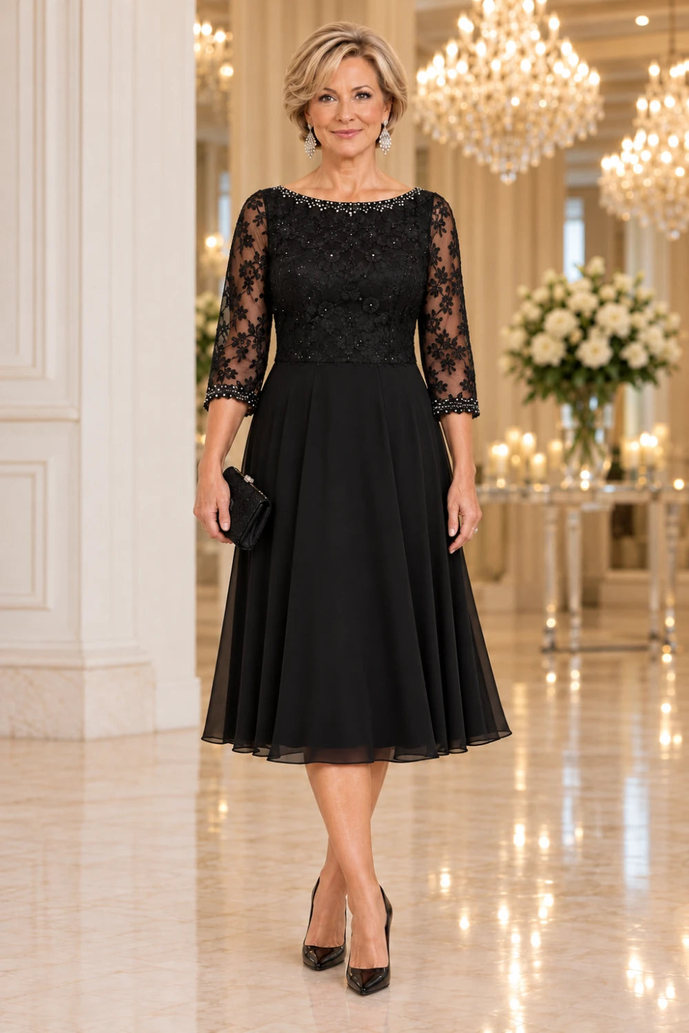 Alternate front view of the black floral lace-bodice dress with a rounded neckline and below-knee flared skirt.