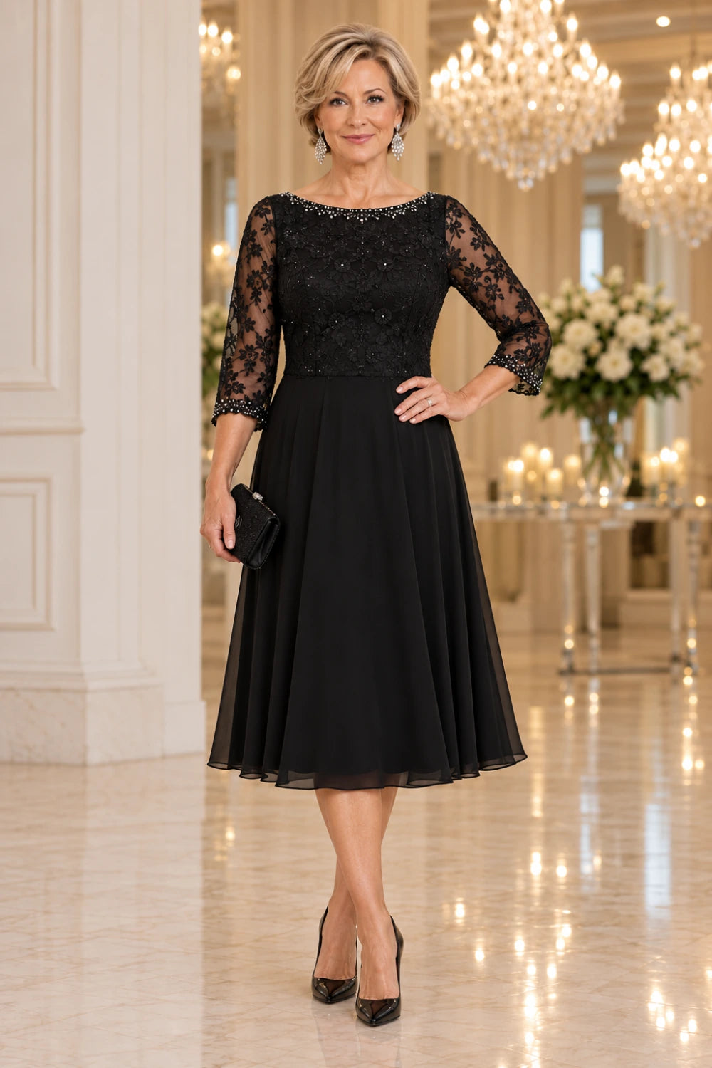Front view of a black midi dress with a full floral lace bodice, sheer three-quarter sleeves and flared skirt.