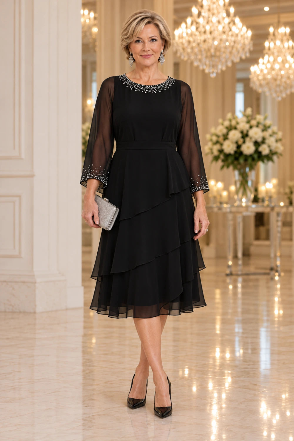 Front view of a black midi dress with a decorated round neckline, defined waist and three diagonal skirt flounces.