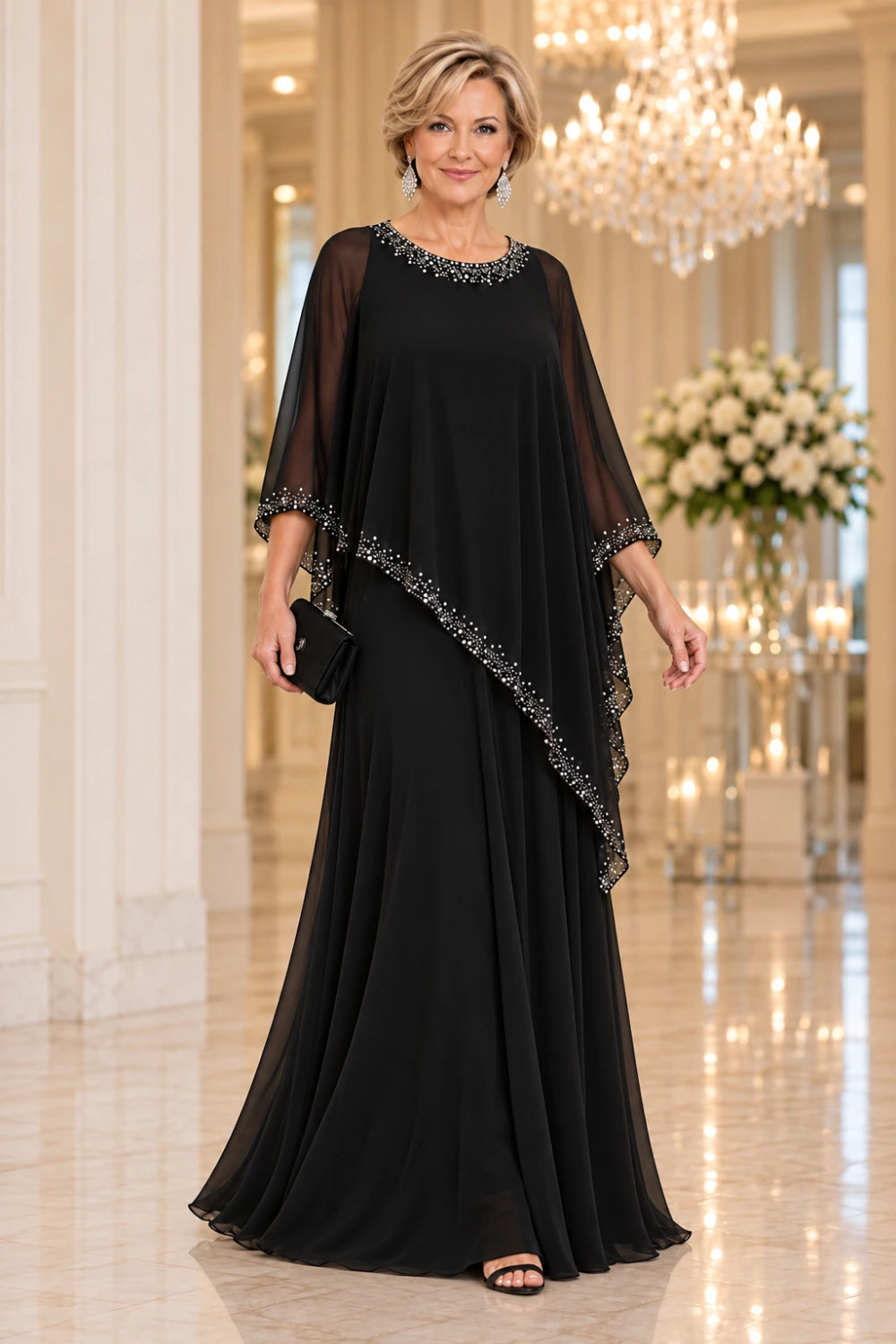 Alternate front view of the black floor-length gown with a decorated round neckline and dotted cape trim.