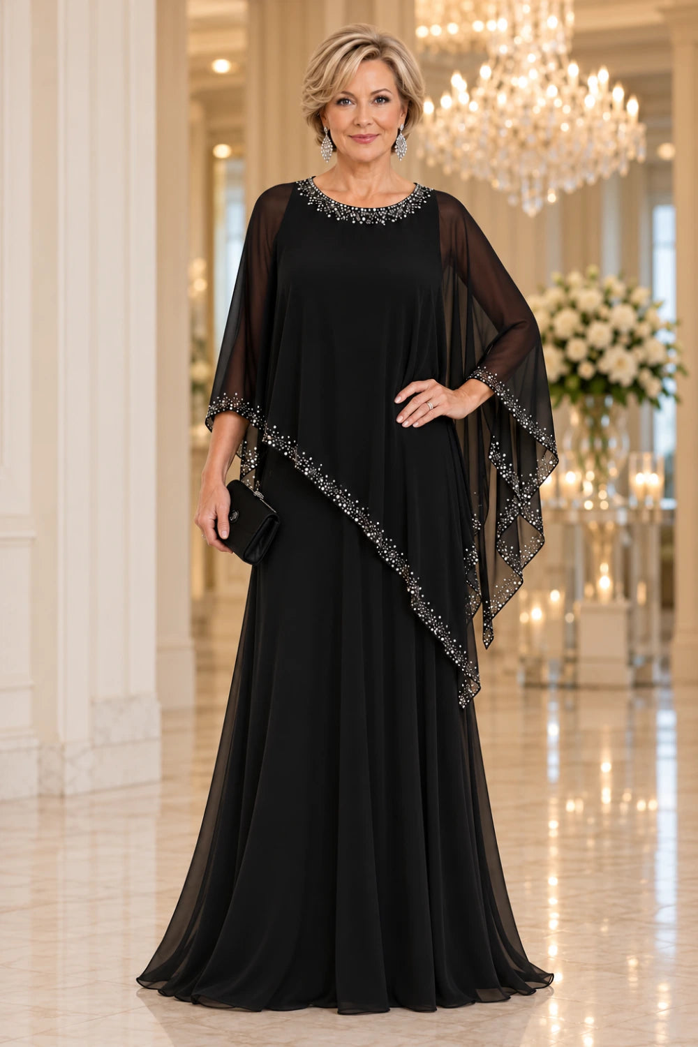 Front view of a black floor-length gown with bright round-neck trim and a sheer pointed waterfall cape.