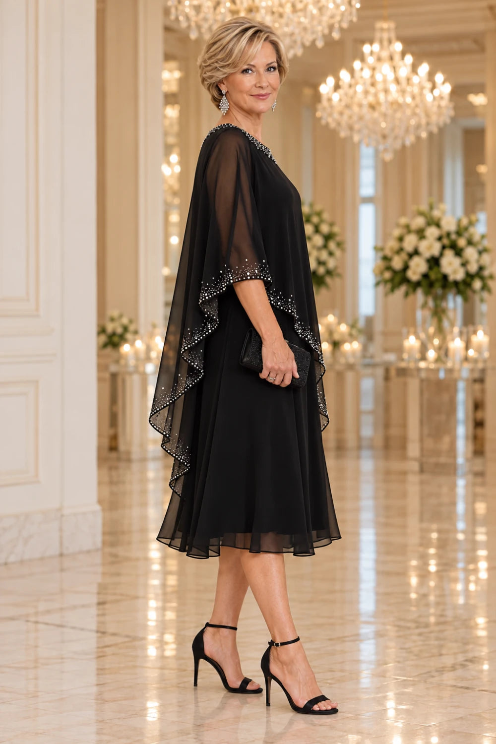 Side view of the black midi dress showing the long waterfall cape point and sheer skirt hem.