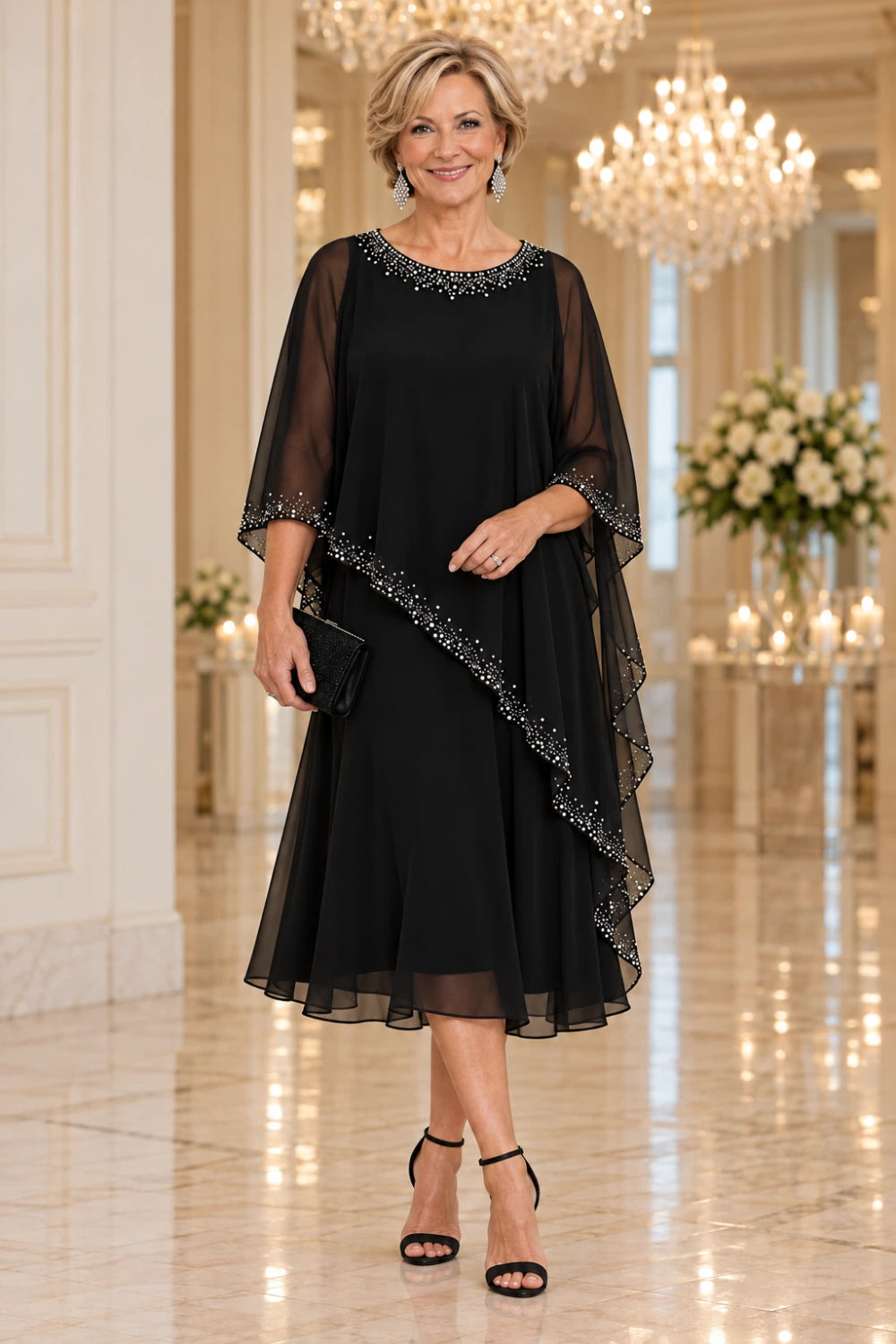 Posed front view of the black midi dress with loose sheer cape coverage and a flared below-knee skirt.