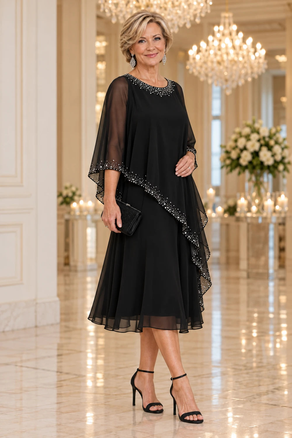 Alternate front view of the black dress with a dotted cape edge above a plain flared midi skirt.