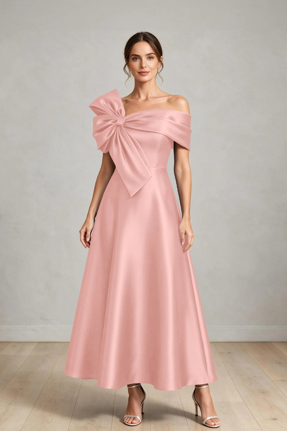 Oversized Bow Off-Shoulder Satin Midi Mother of the Bride Dress