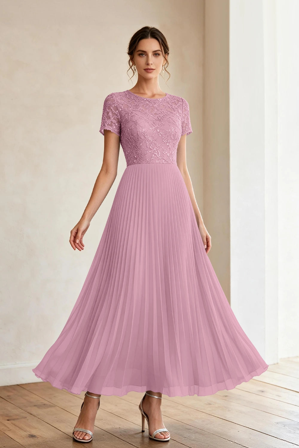 Dusty Blue Lace Short Sleeve Pleated Chiffon Tea-Length Dress