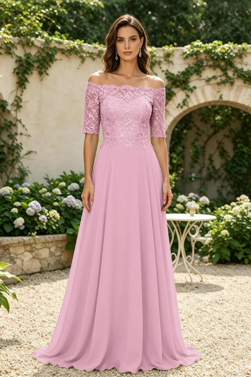 Sage Green Off-Shoulder Lace Bodice A-Line Chiffon Floor-Length Dress
