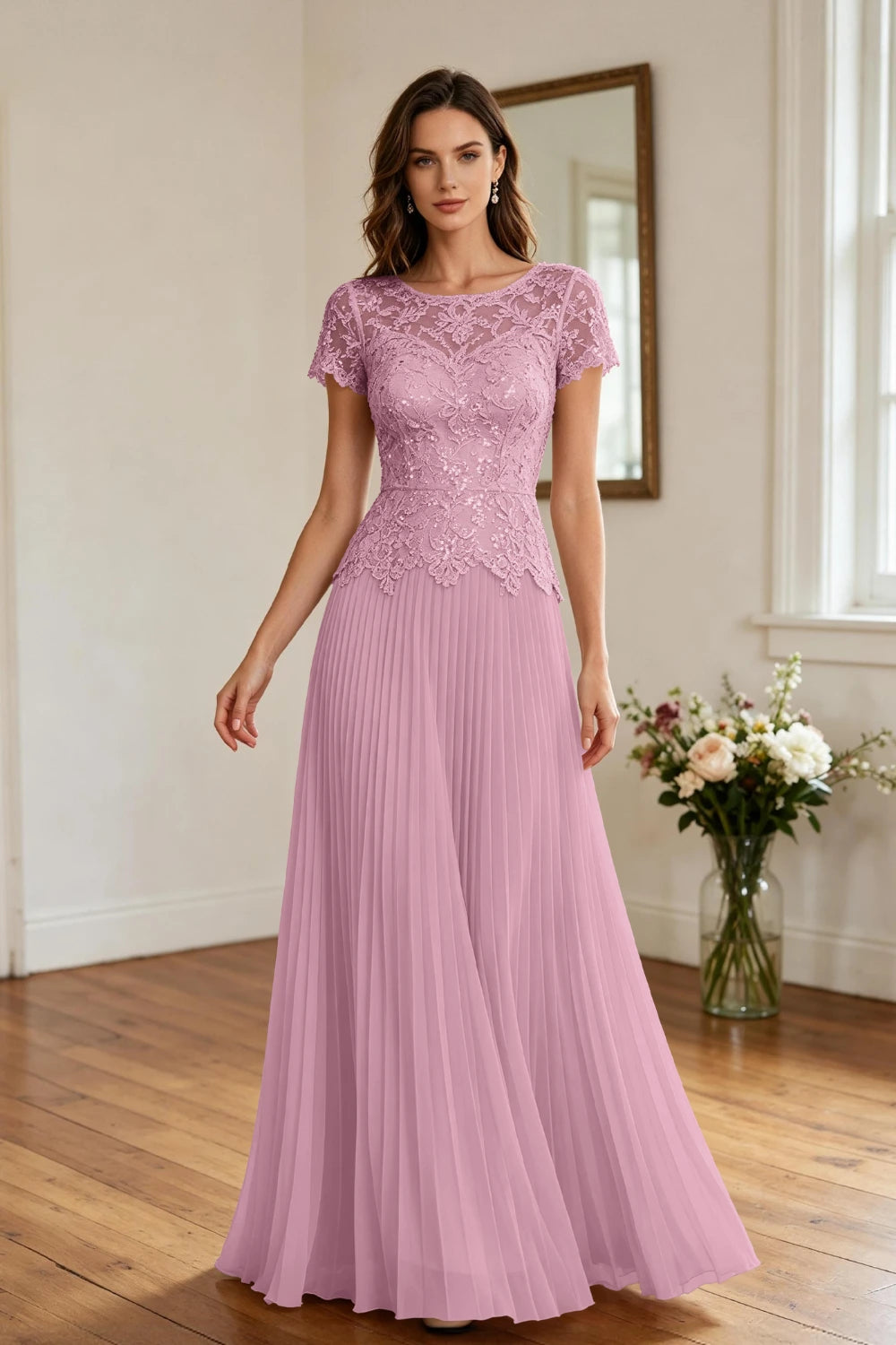 Champagne Lace Short Sleeve Pleated Chiffon Floor-Length Dress