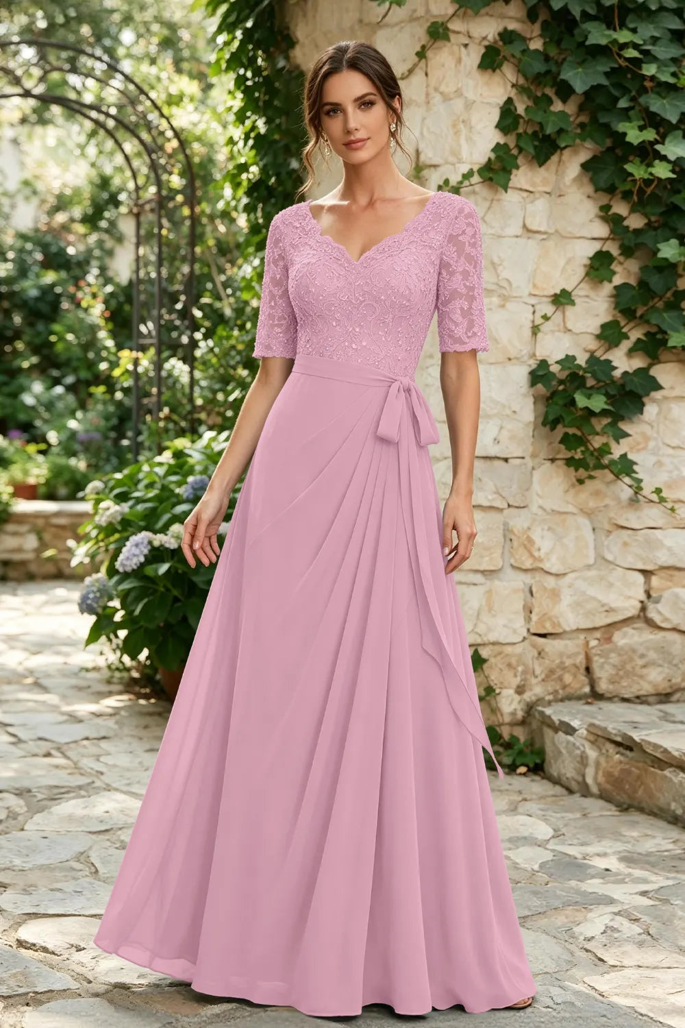 Dusty Blue Lace Elbow-Sleeve Sash Chiffon Floor-Length Dress