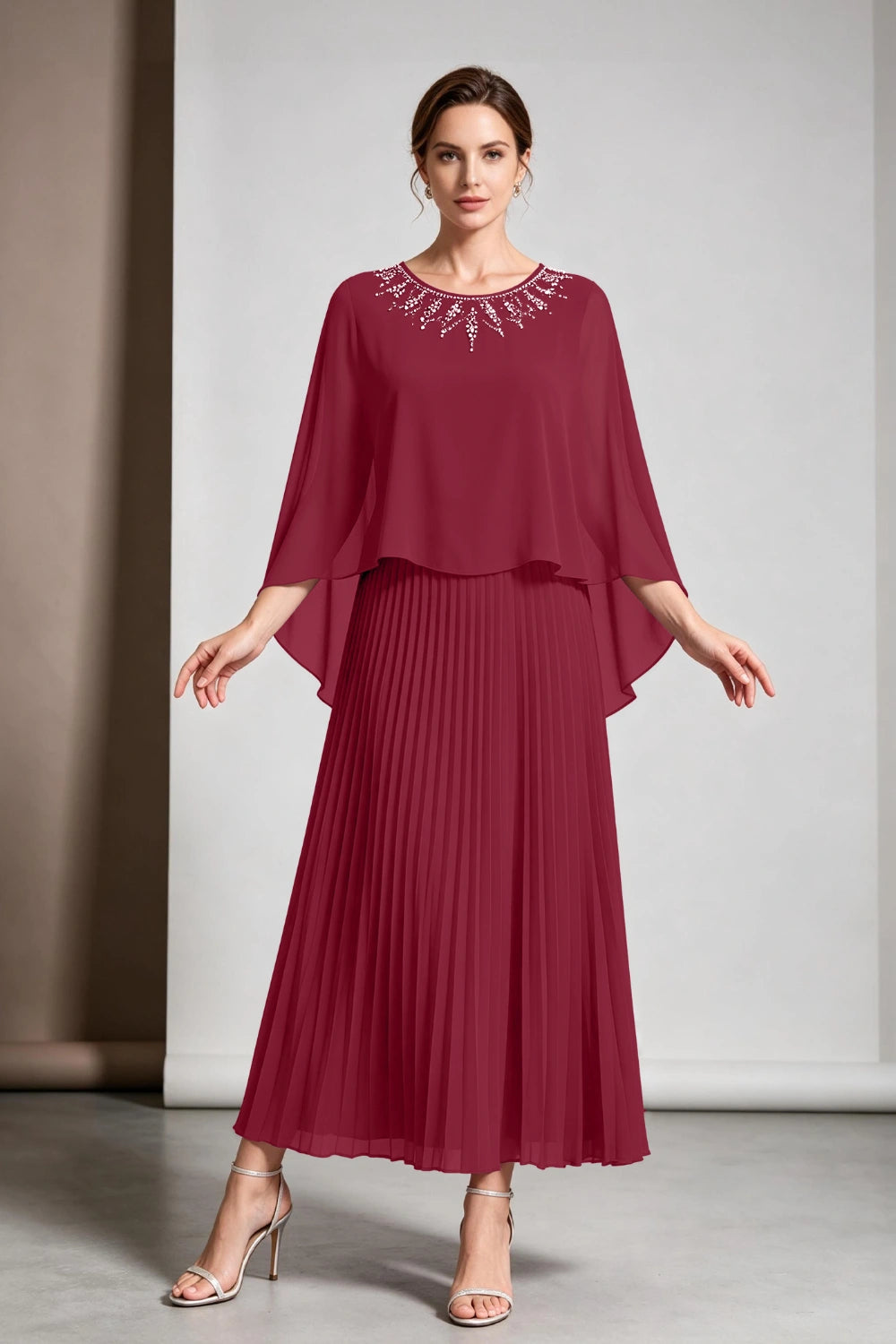 Plum Beaded Cape Sleeve Pleated Chiffon Mother of the Bride Dress