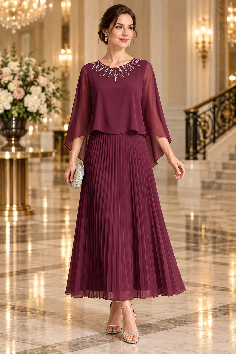 Beaded Cape Sleeve Pleated Chiffon Mother of the Bride Dress