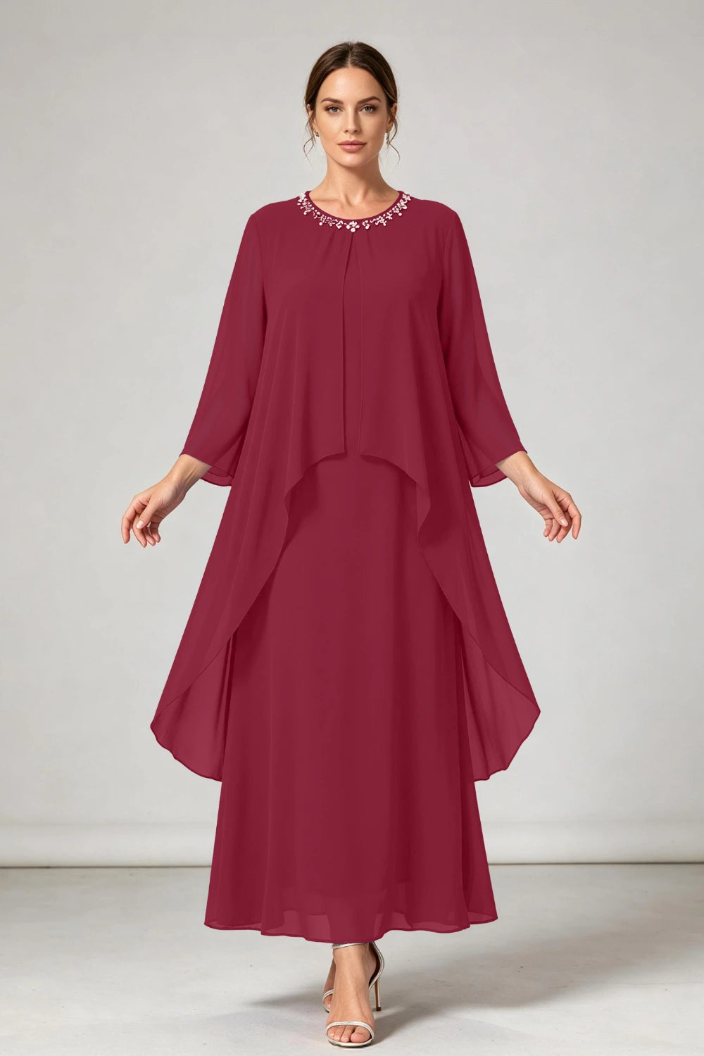 Royal Blue Beaded Neck Asymmetric Overlay Chiffon Mother of the Bride Dress