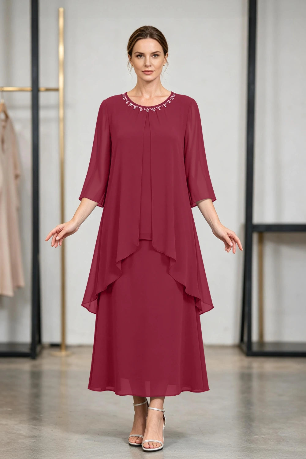 Peacock Blue Beaded Tier Chiffon Mother of the Bride Dress
