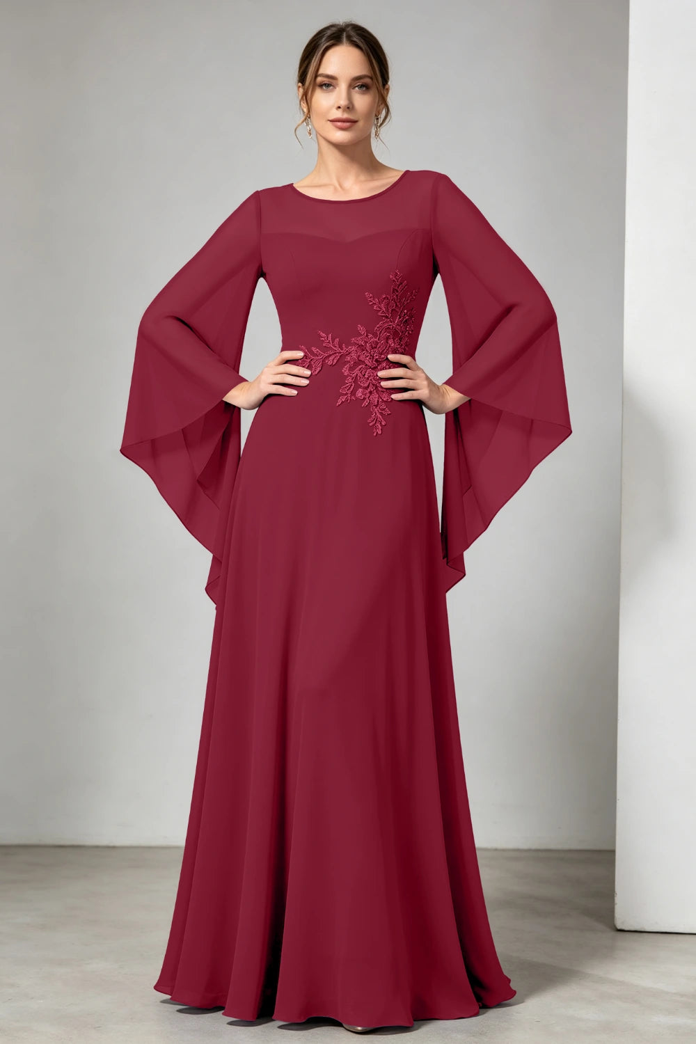 Purple Beaded Waist Sheer Yoke Long Sleeve Chiffon Mother of the Bride Dress