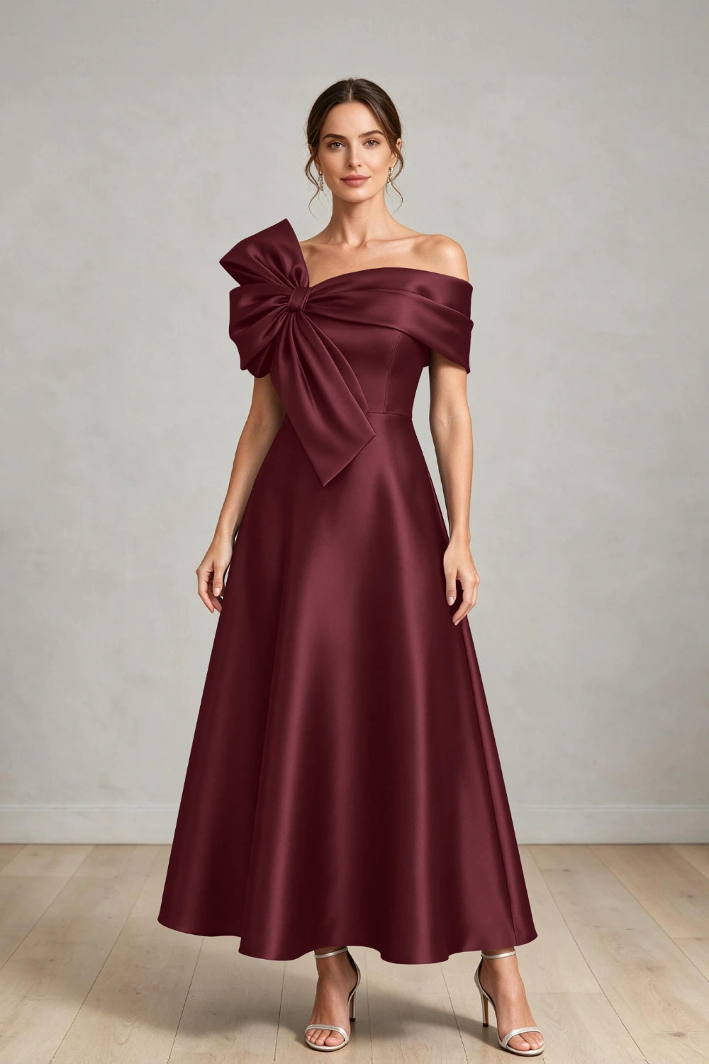 Oversized Bow Off-Shoulder Satin Midi Mother of the Bride Dress