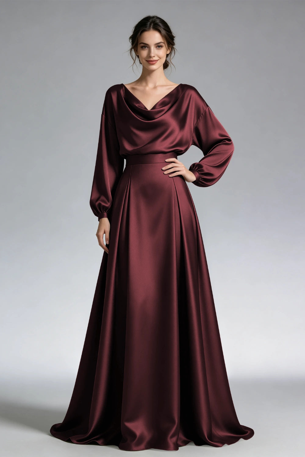Front view of the burgundy cowl-neck gown with loose long sleeves and a wide waistband.