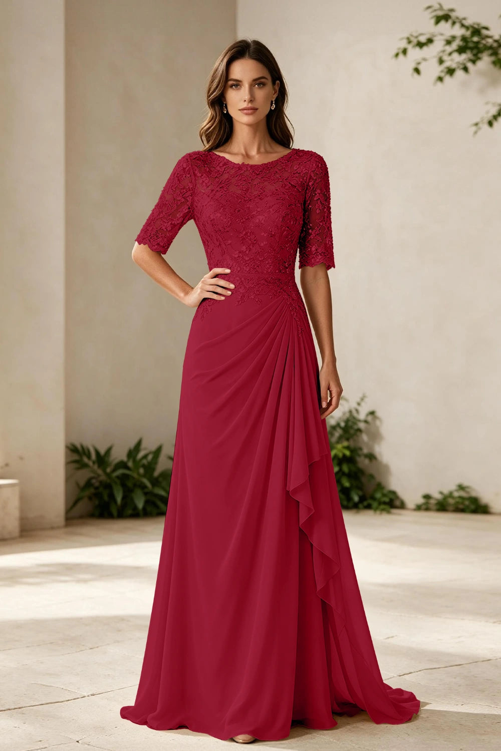 Champagne Lace Bodice Three-Quarter Sleeve Draped Side Chiffon Floor-Length Dress