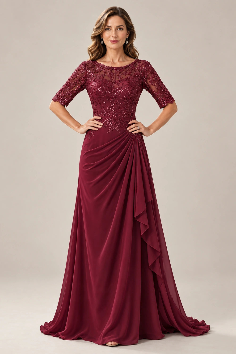 Lace Bodice Three-Quarter Sleeve Draped Side Chiffon Floor-Length Dress