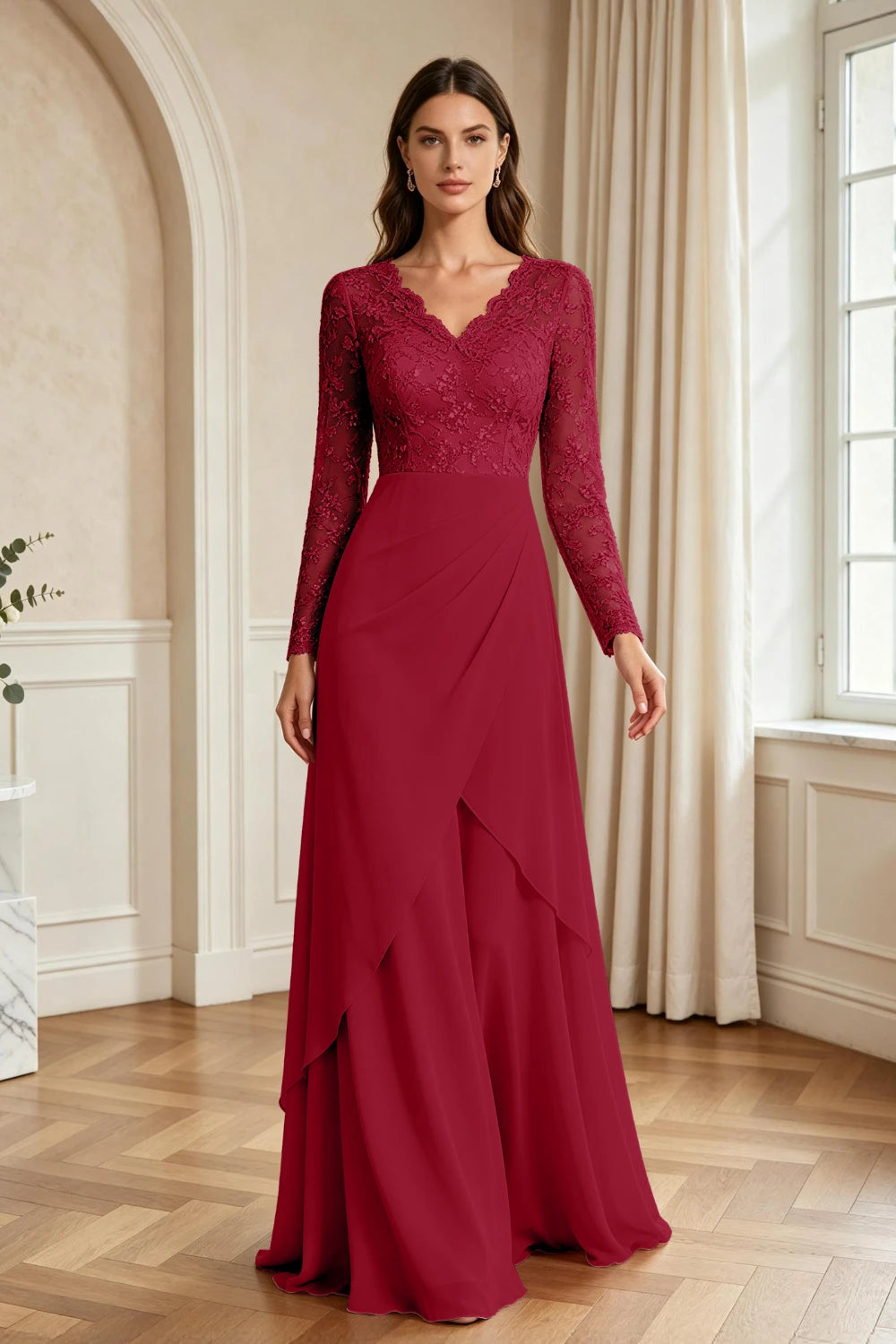 Mauve Lace Long-Sleeve Draped Ruffle Chiffon Floor-Length Dress