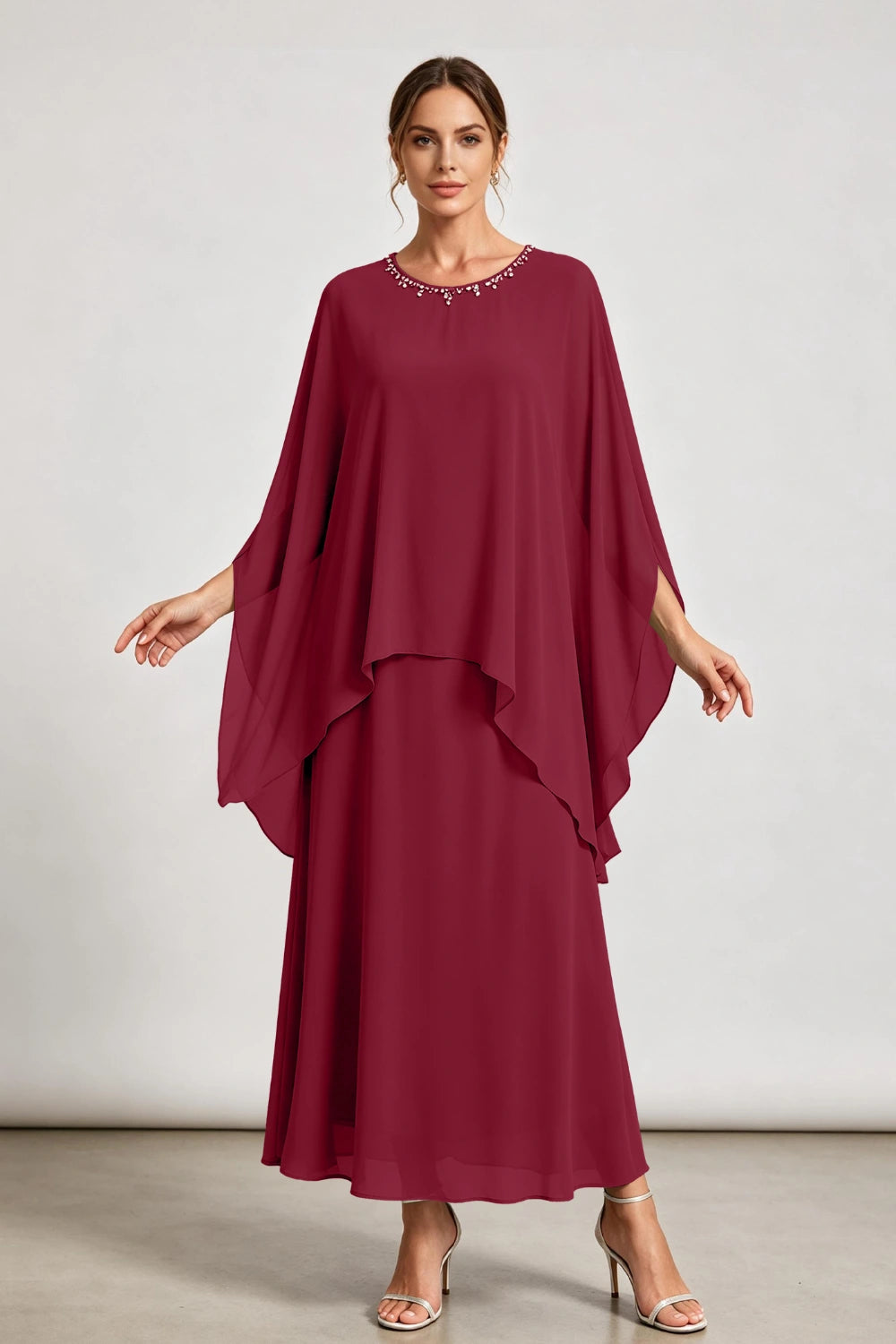 Dusty Sage Beaded Neck Draped Overlay Chiffon Mother of the Bride Dress