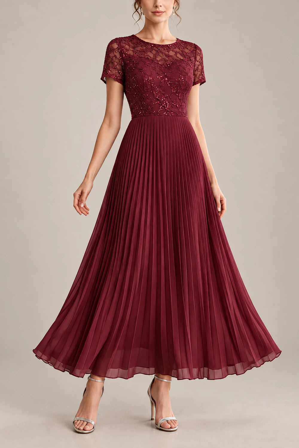 Lace Short Sleeve Pleated Chiffon Tea-Length Dress