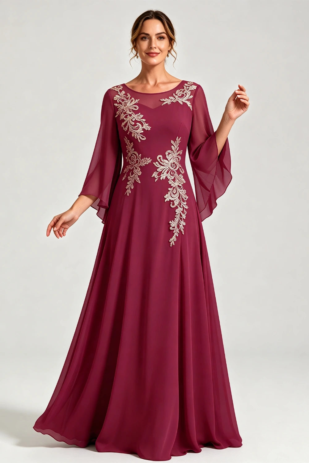 Dusty Blue Lace Applique Sheer Yoke Long Sleeve Chiffon Mother of the Bride Dress
