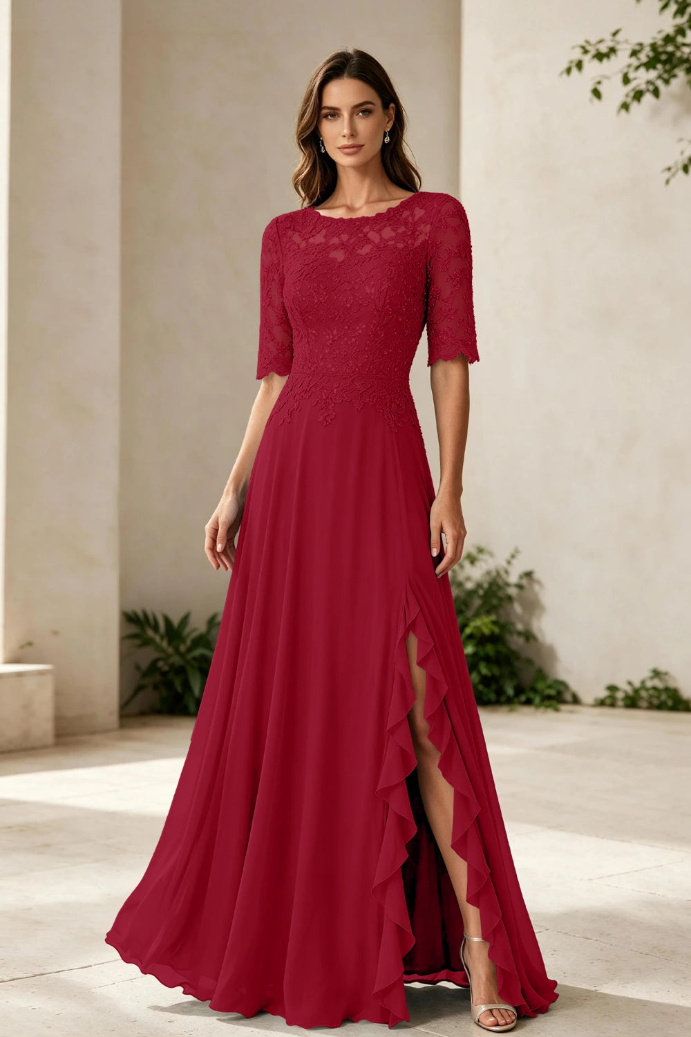 Dusty Blue Lace Bodice Three-Quarter Sleeve Ruffle Slit Chiffon Floor-Length Dress