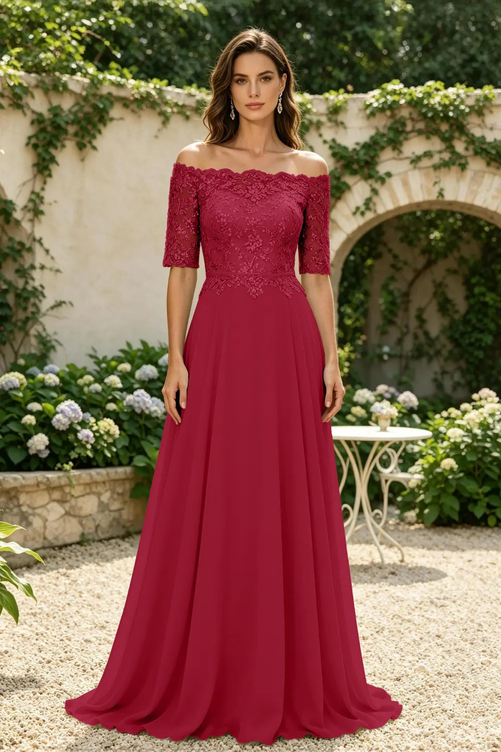 Sage Green Off-Shoulder Lace Bodice A-Line Chiffon Floor-Length Dress