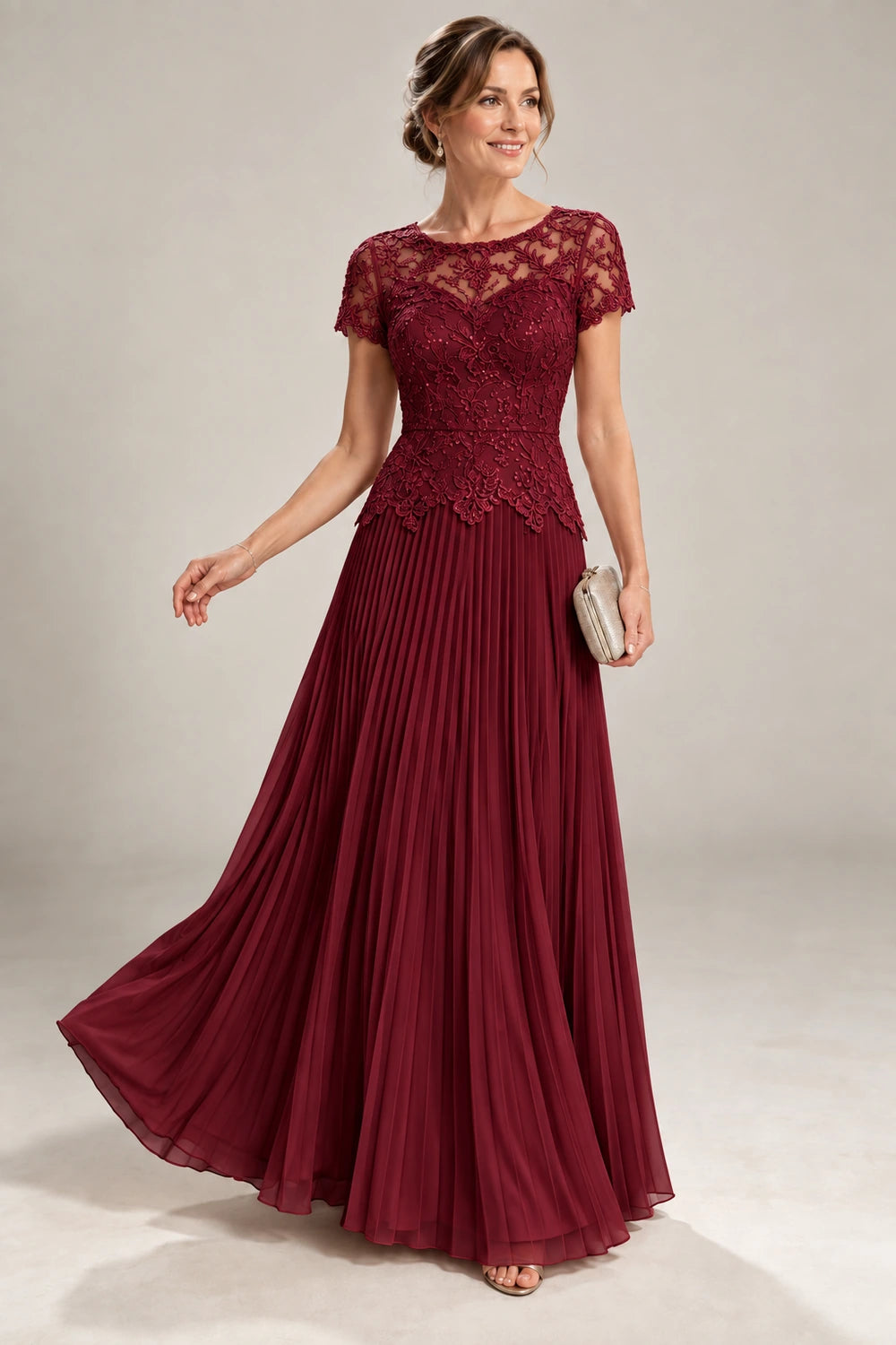 Lace Short Sleeve Pleated Chiffon Floor-Length Dress