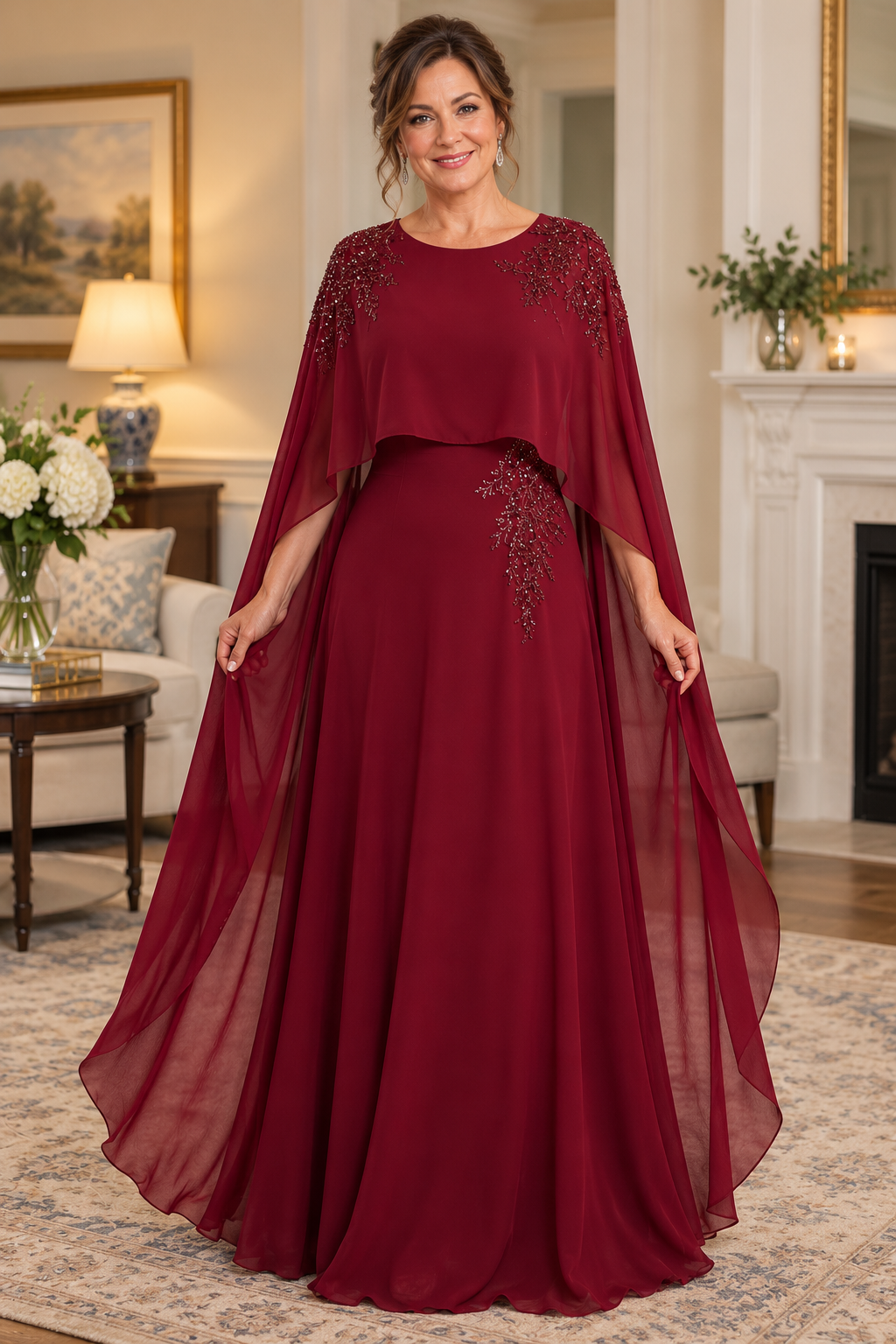 Burgundy Embellished Long Cape Mother of the Bride Dress