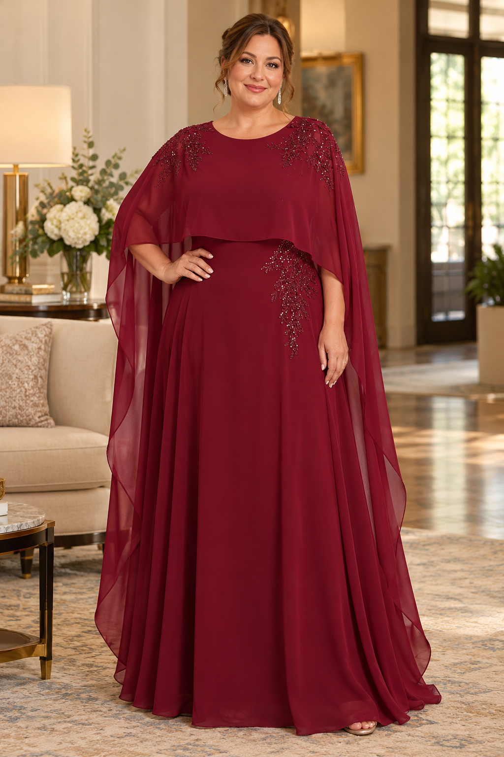 Burgundy Embellished Long Cape Mother of the Bride Dress