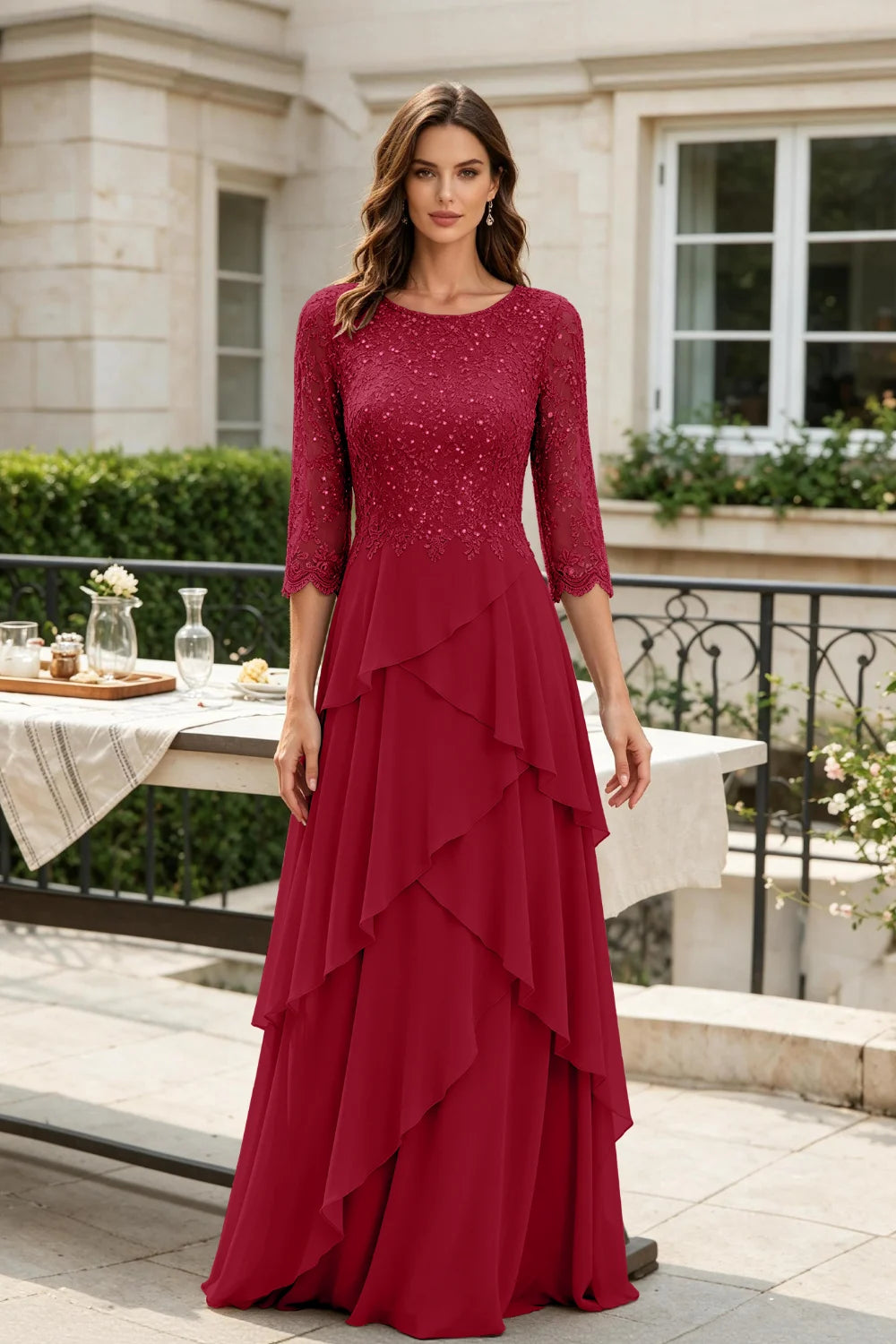 Gray Sequin Lace Bodice Three-Quarter Sleeve Tiered Ruffle Chiffon Floor-Length Dress