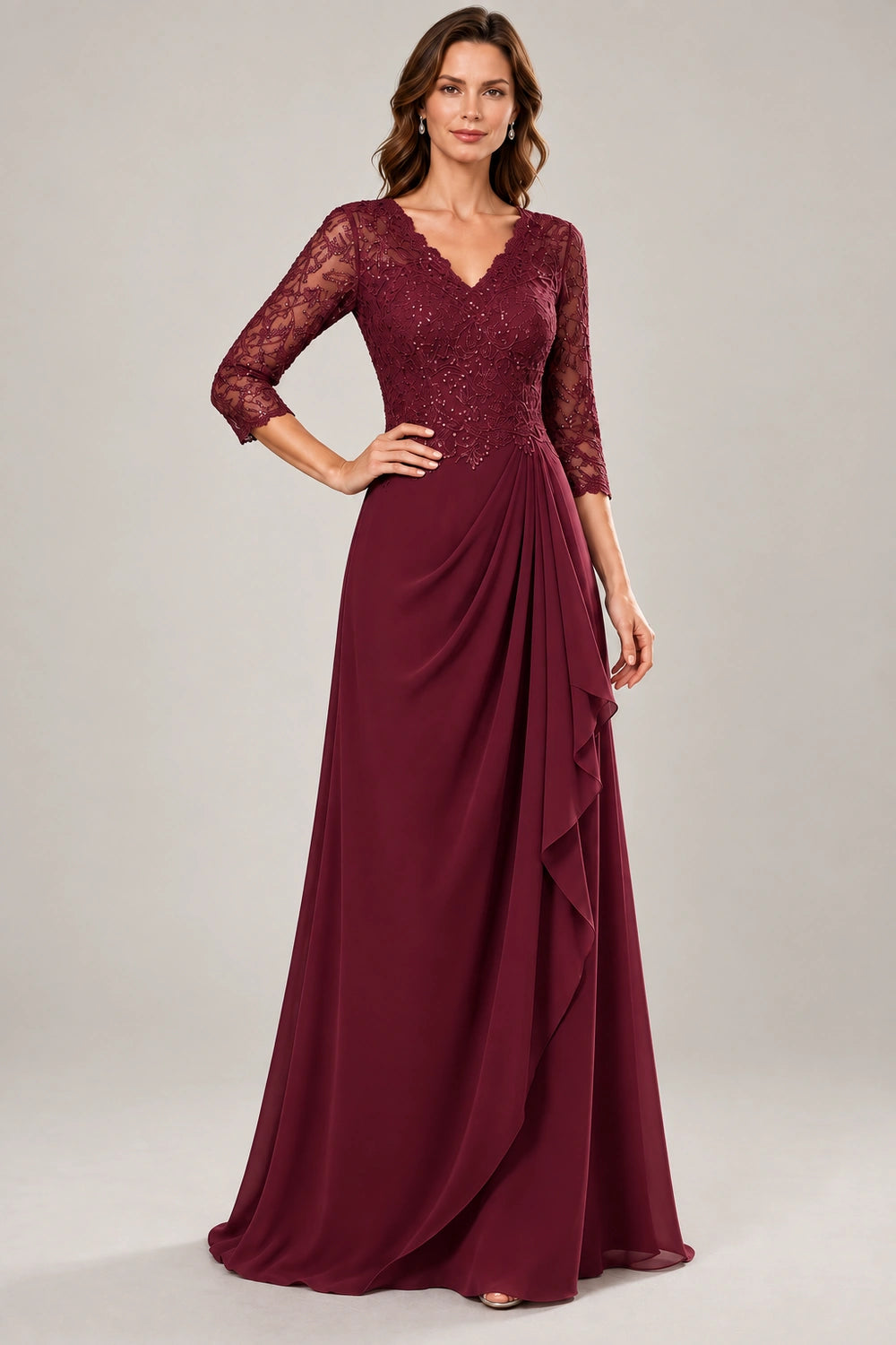 Lace Three-Quarter Sleeve Draped Cascade Chiffon Floor-Length Dress