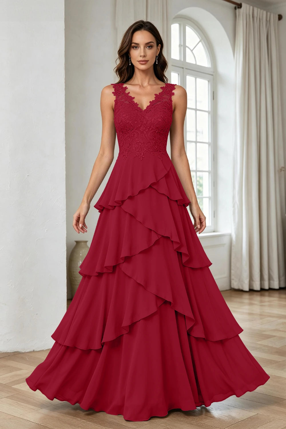 Silver Gray Lace Sleeveless Tiered Chiffon Floor-Length Dress