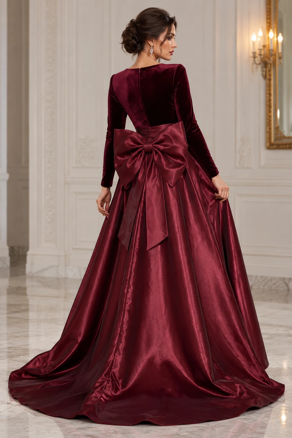 Burgundy V-Neck Back Bow Mother of the Bride Gown