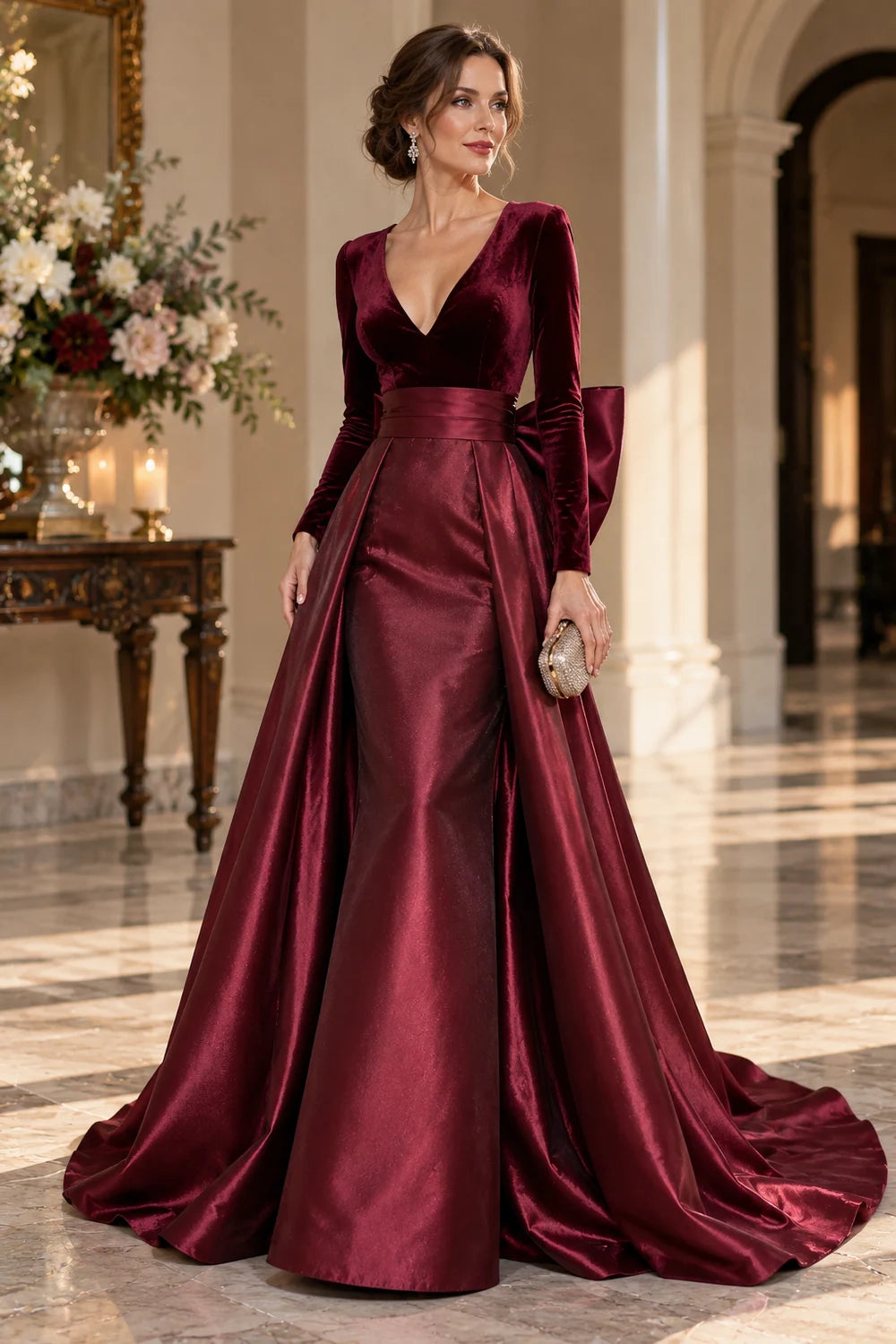 Burgundy V-Neck Back Bow Mother of the Bride Gown