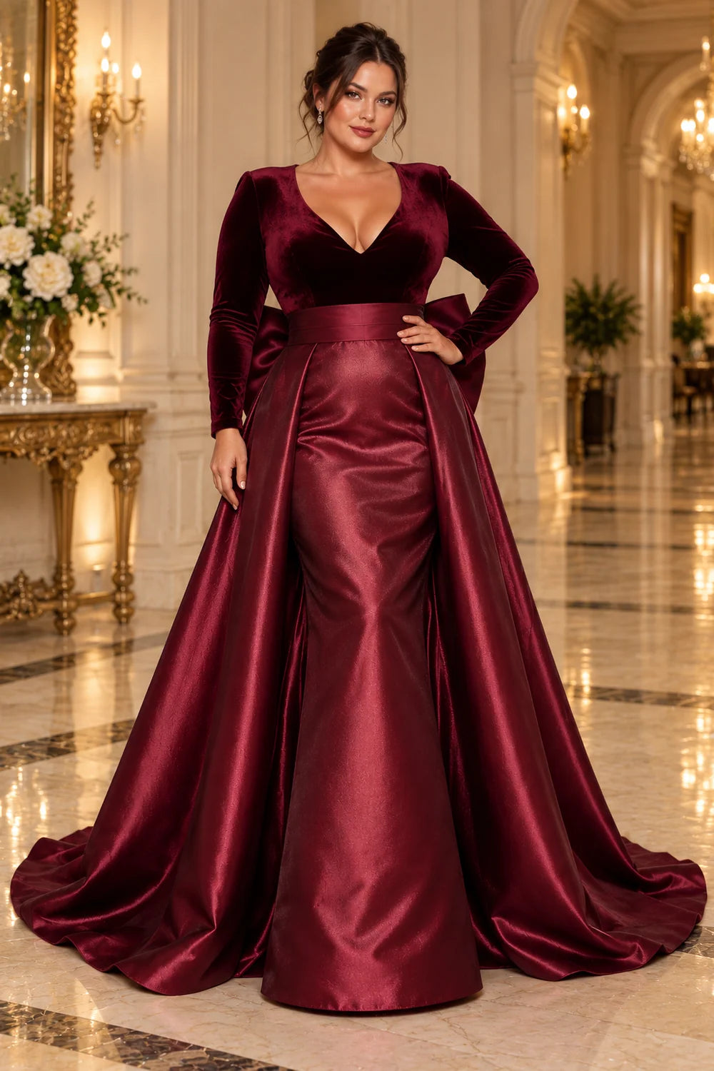 Burgundy V-Neck Back Bow Mother of the Bride Gown