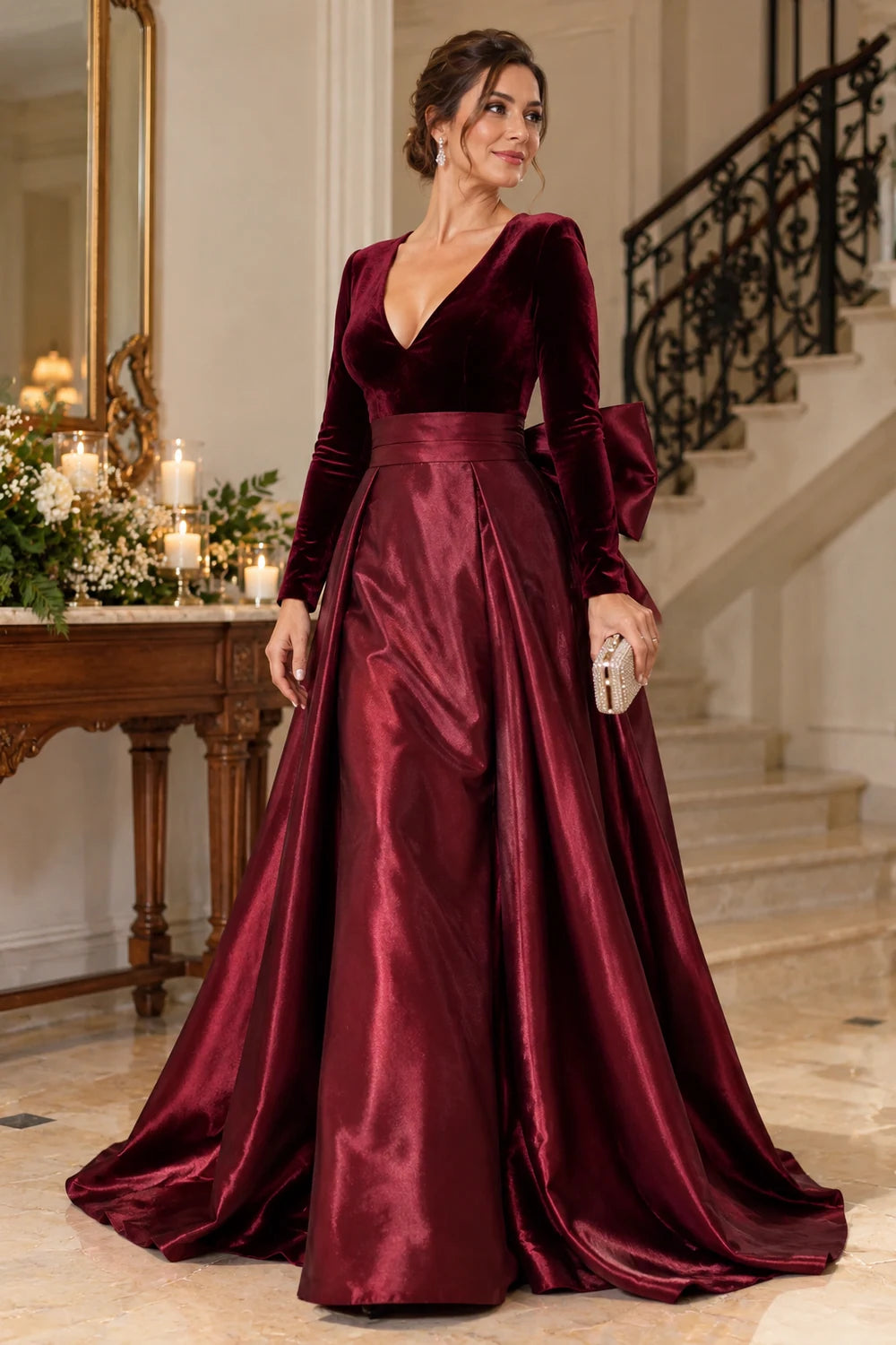 Burgundy V-Neck Back Bow Mother of the Bride Gown