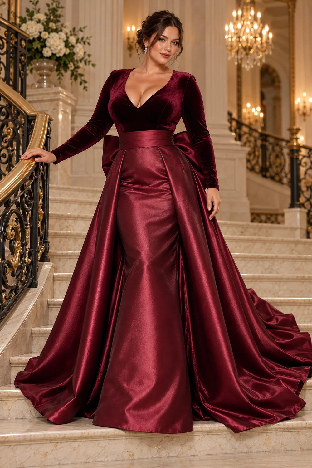 Burgundy V-Neck Back Bow Mother of the Bride Gown