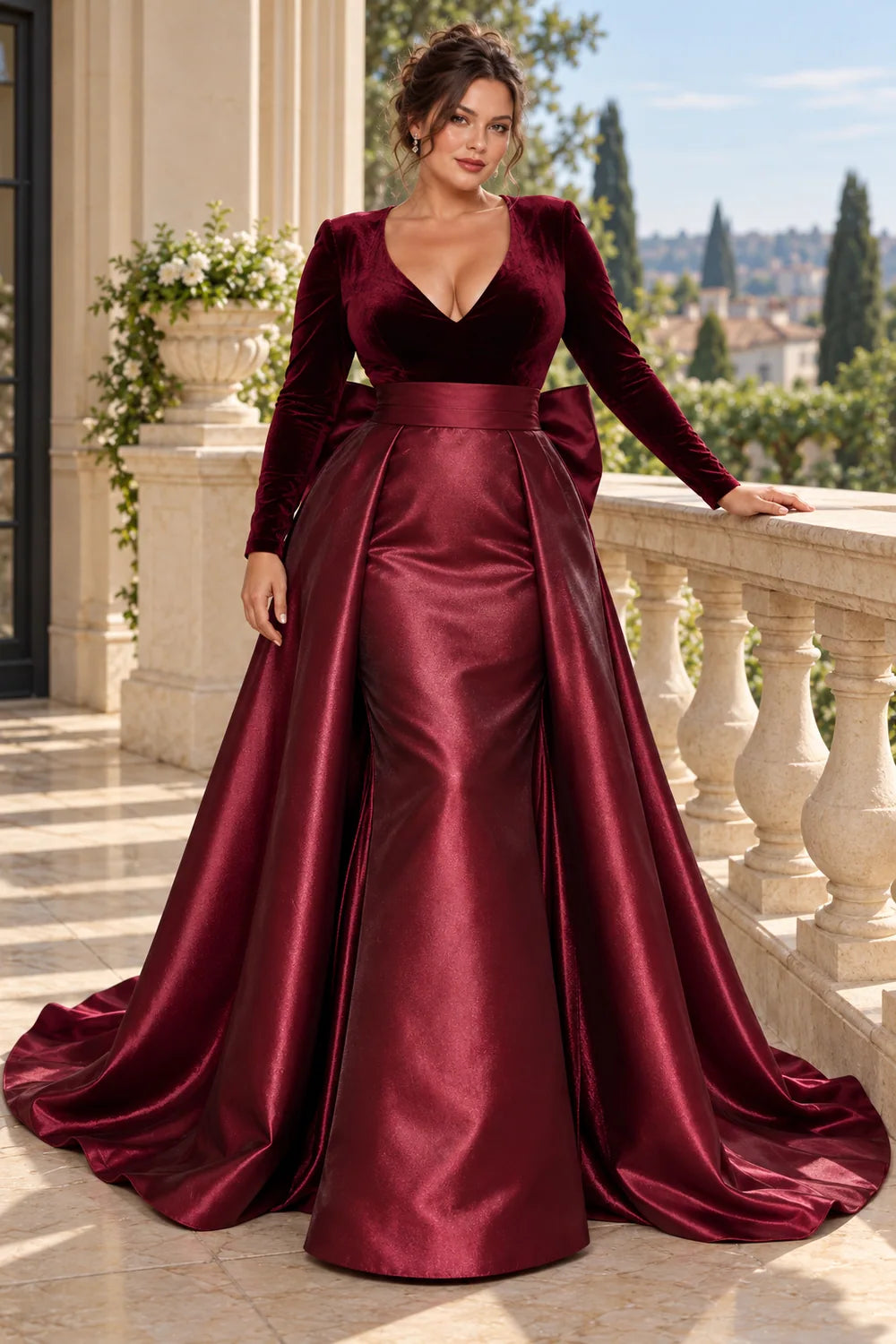 Burgundy V-Neck Back Bow Mother of the Bride Gown