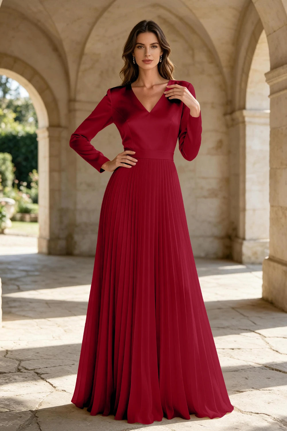 Champagne Satin Long Sleeve Knife-Pleated Chiffon Floor-Length Dress