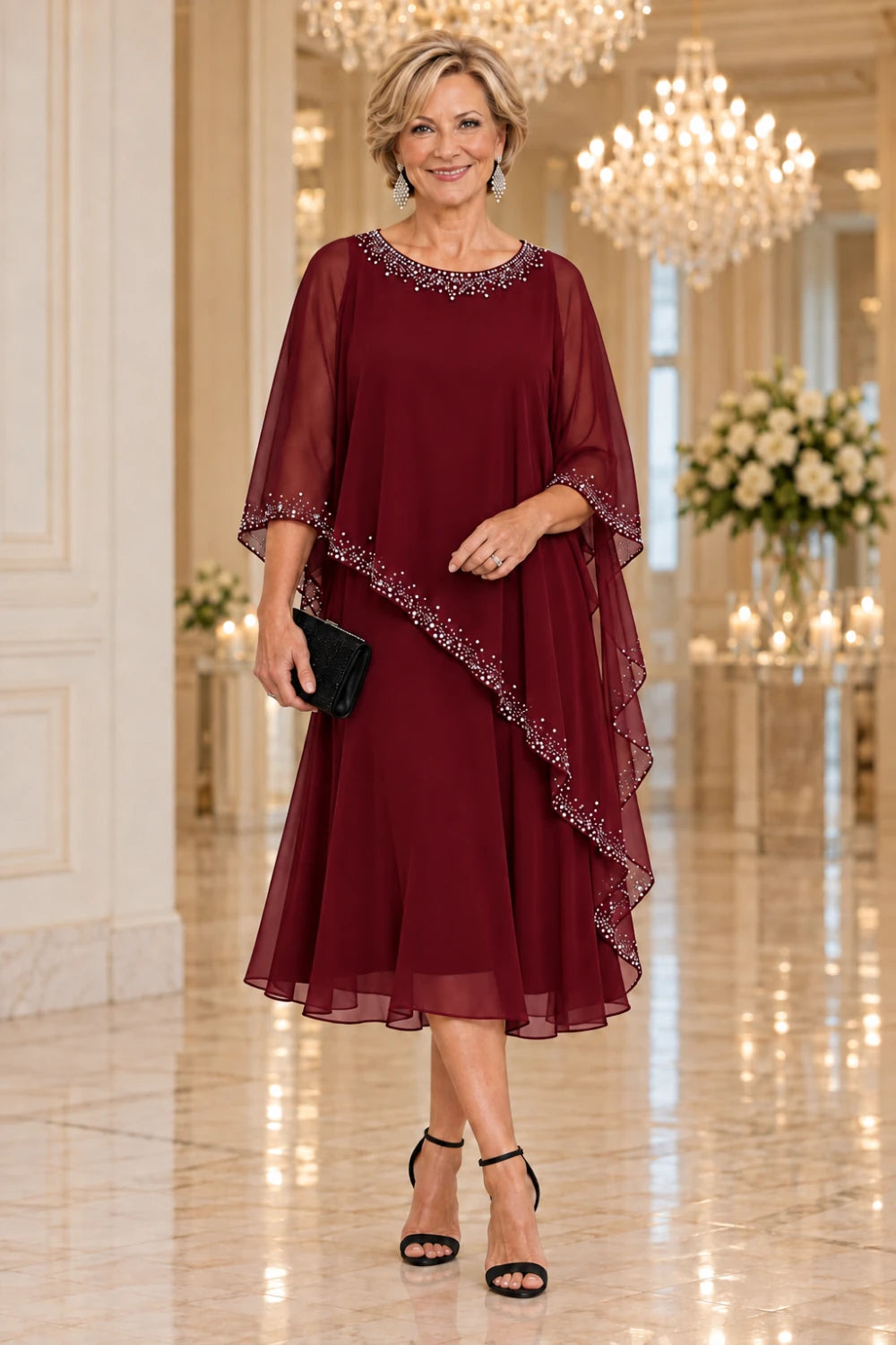 Burgundy dress with a pointed sheer cape above a plain flared midi skirt, front view.