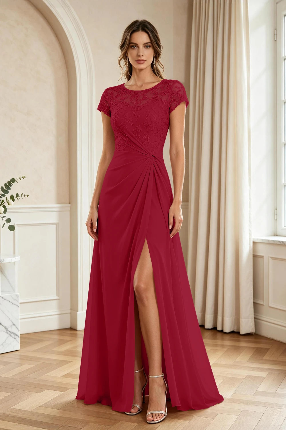 Dusty Rose Lace Cap-Sleeve Draped Chiffon Floor-Length Dress
